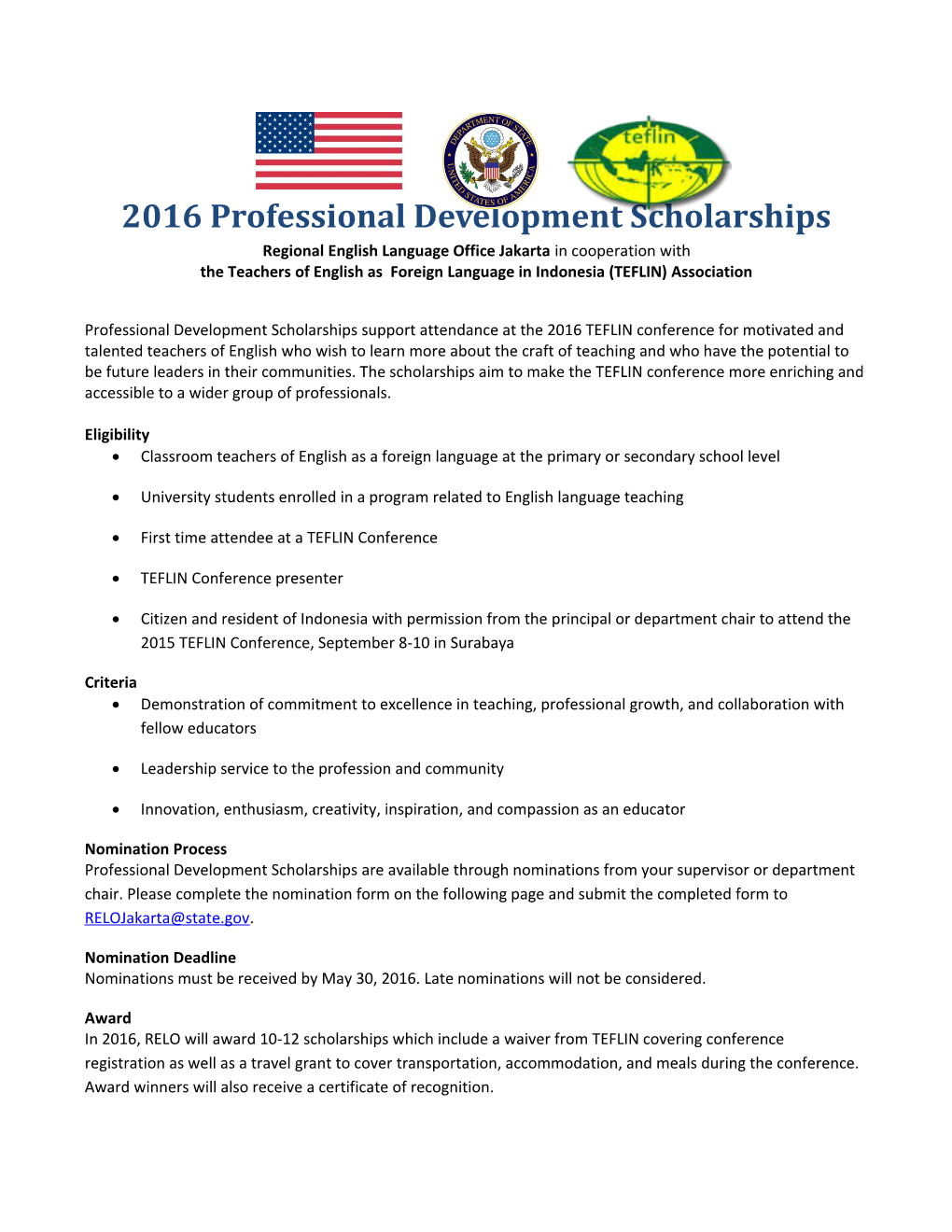 2016 Professional Development Scholarships