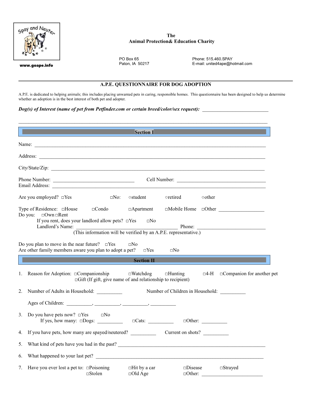 A.P.E. Questionnaire for Dog Adoption