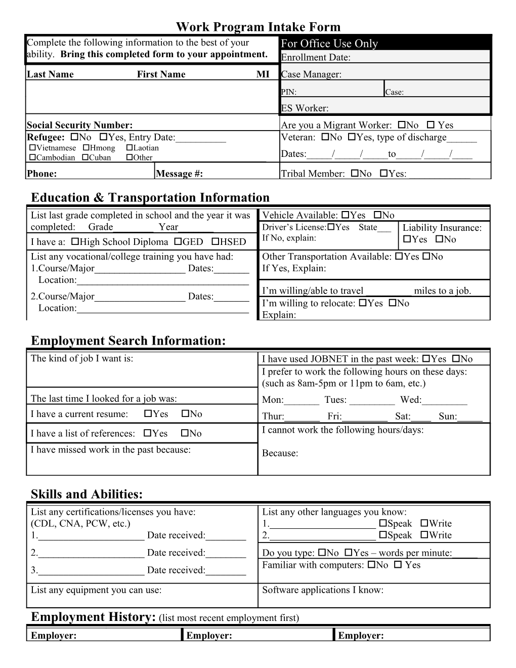 Work Program Intake Form