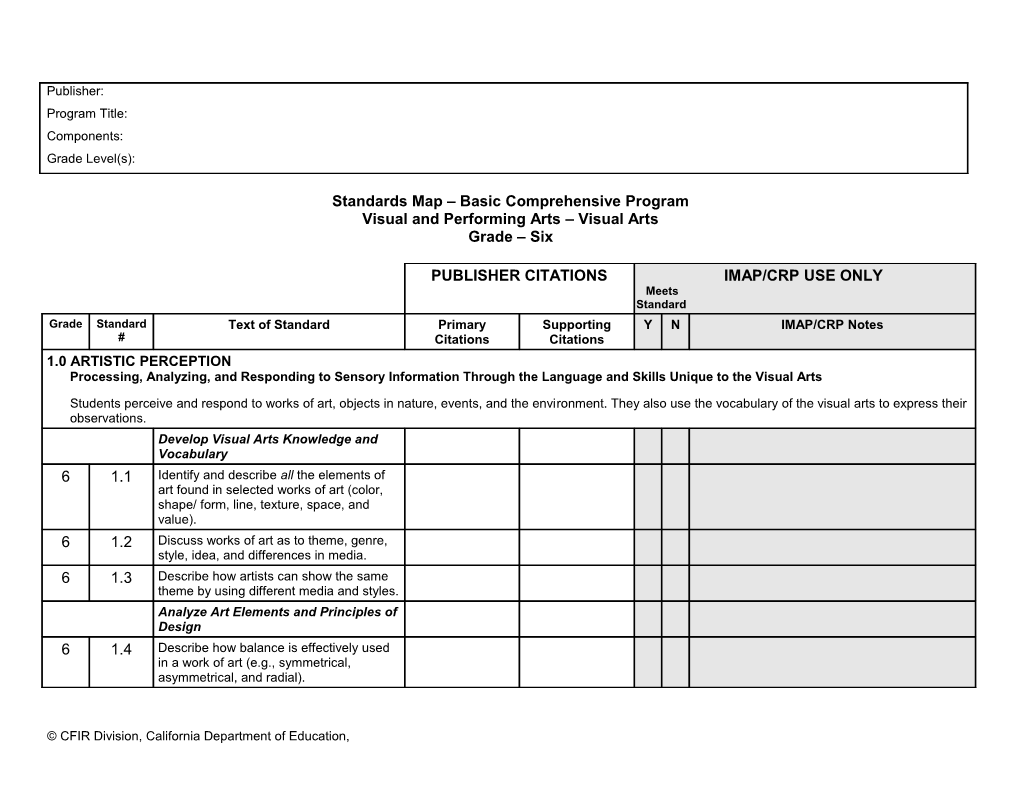 Grade Six Visual Art Standards Map - Instructional Materials (CA Dept of Education)