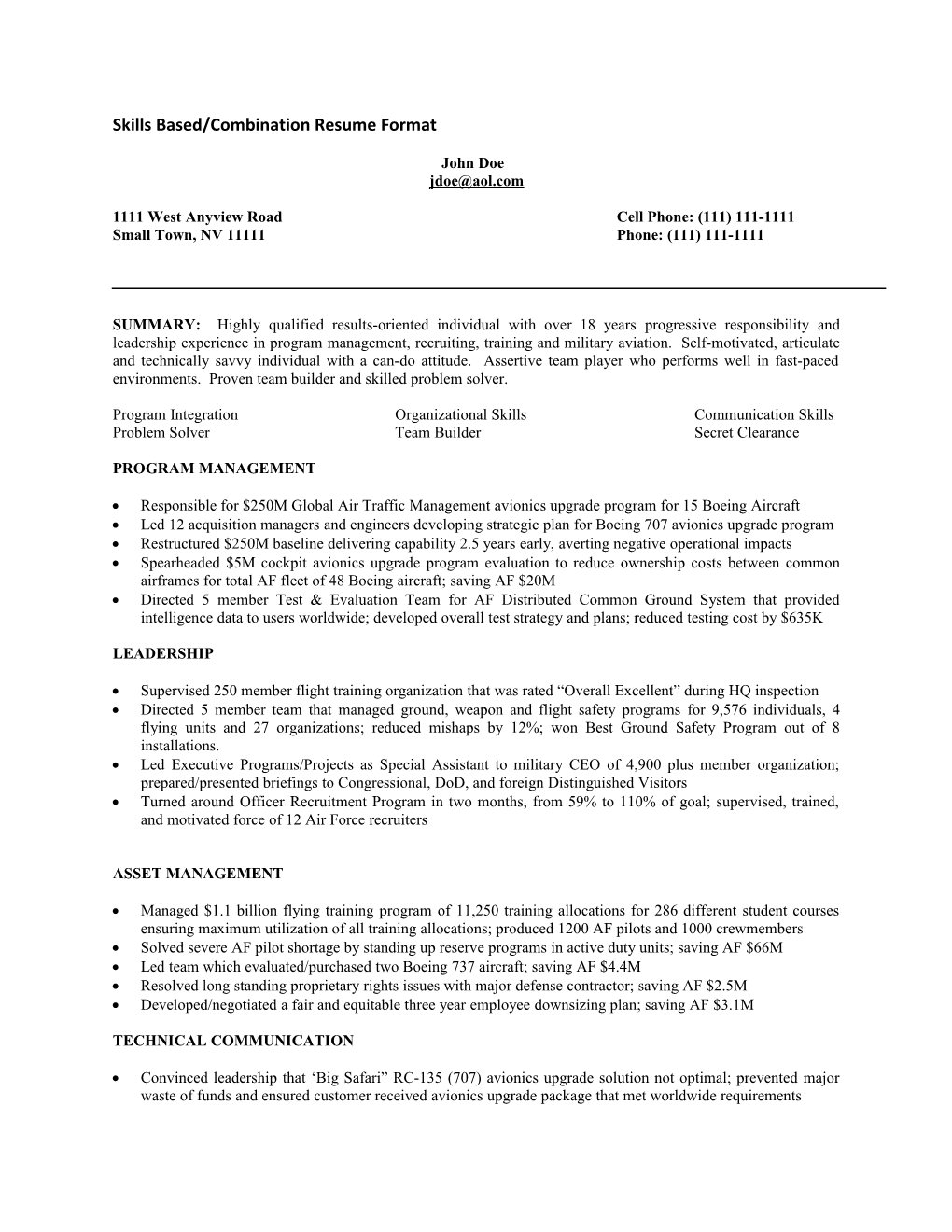 Skills Based/Combination Resume Format