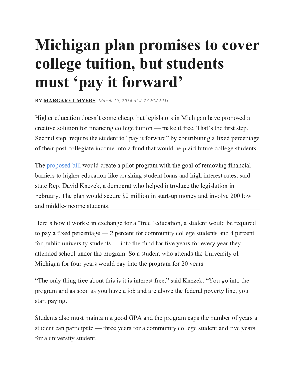 Michigan Plan Promises to Cover College Tuition, but Students Must Pay It Forward