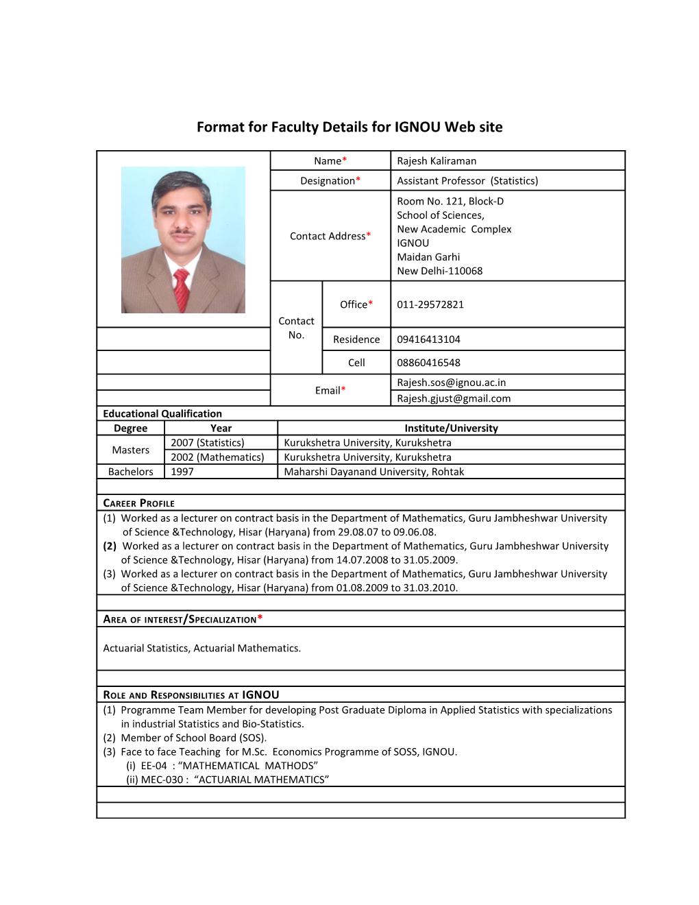 Format for Faculty Details for IGNOU Web Site