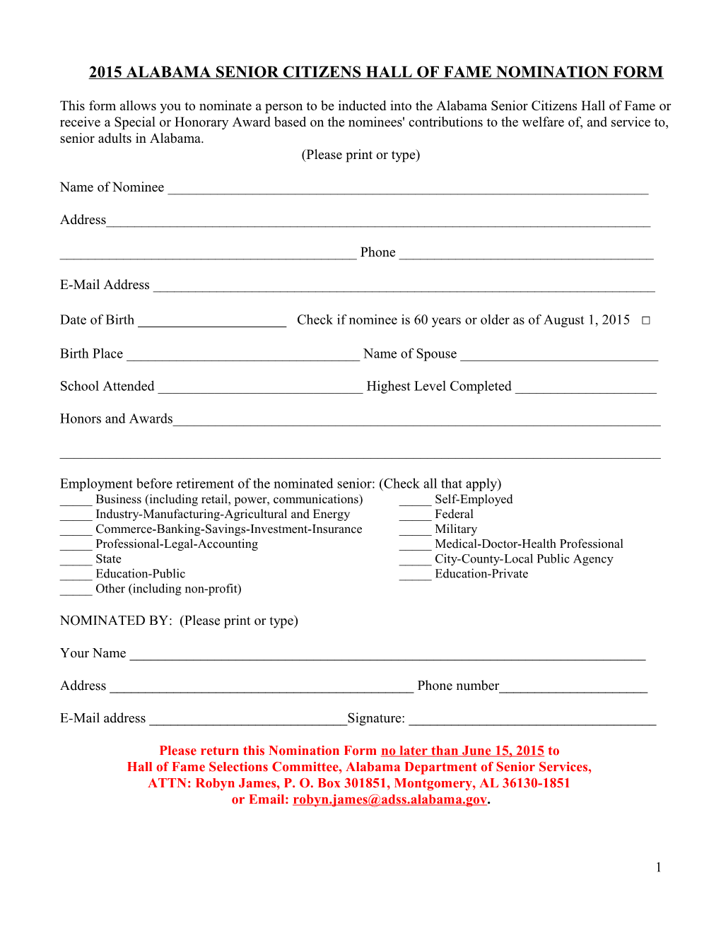 Alabama Senior Citizens Hal of Fame Nomination Form