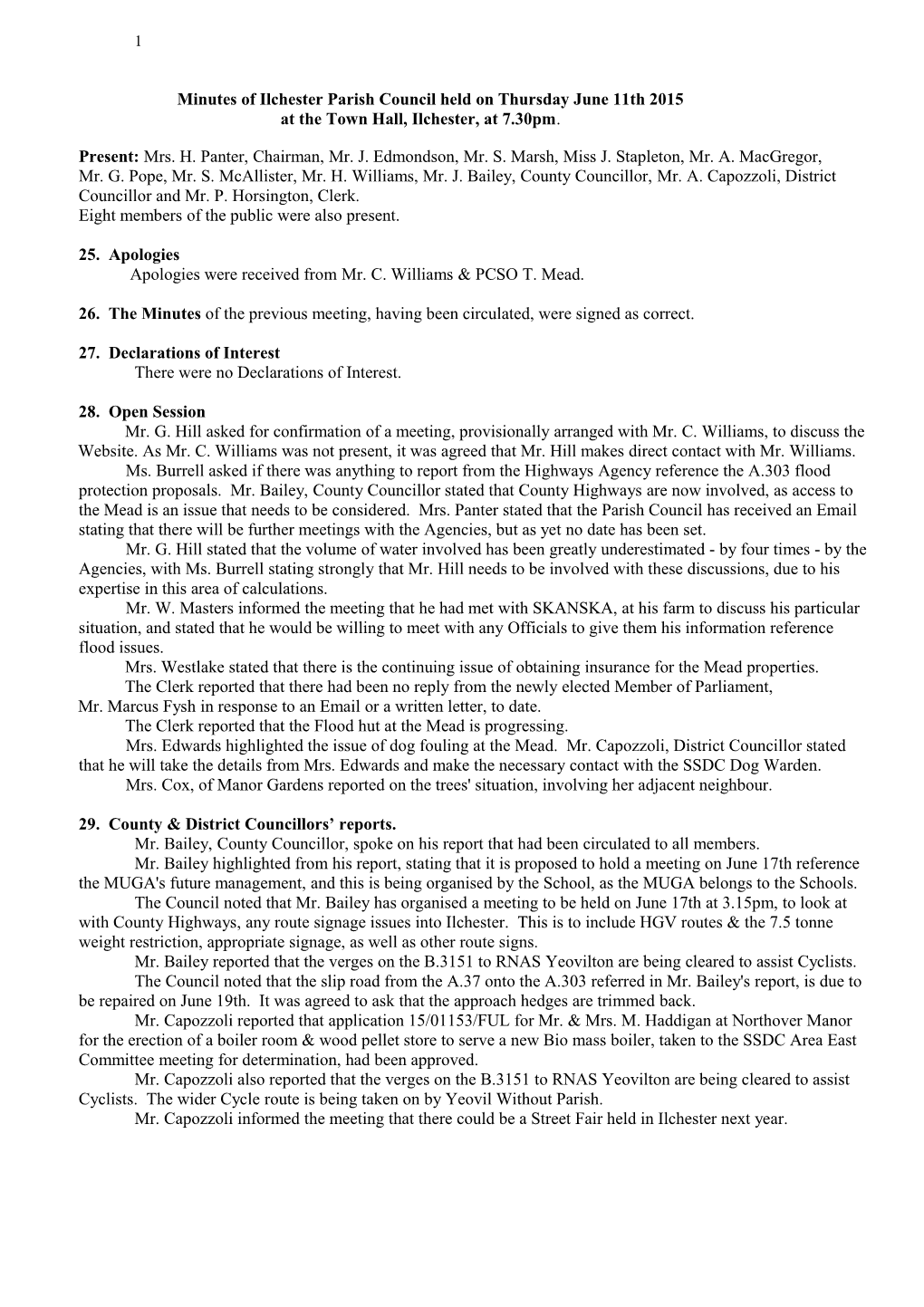 Minutes of Ilchester Parish Council Held on Thursdayjune 11Th 2015