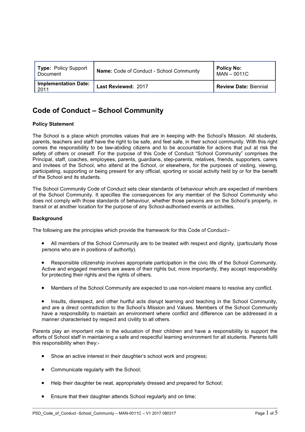 Code of Conduct School Community