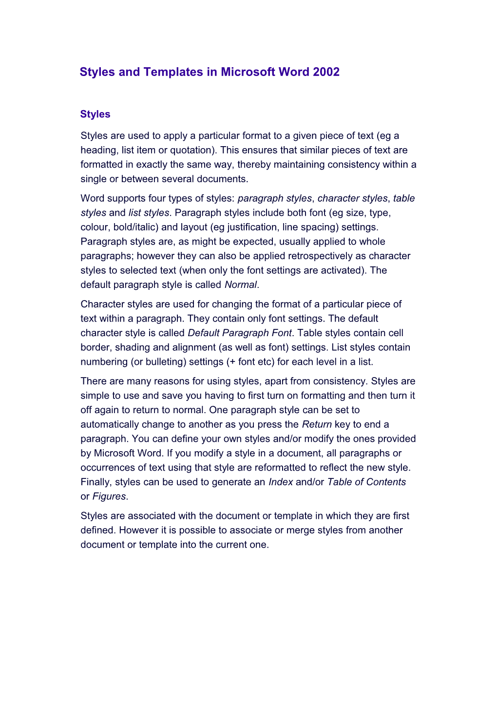 Styles and Templates in Microsoft Word 2002