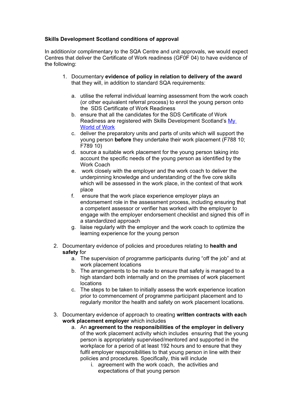 Skills Development Scotland Conditions of Approval