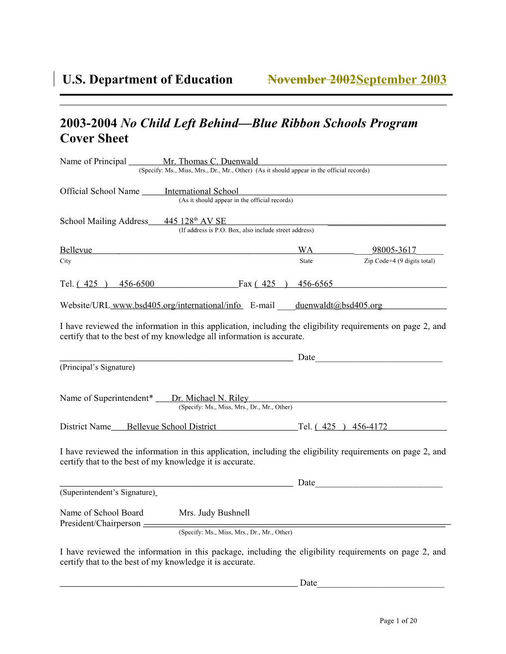 International School 2004 No Child Left Behind-Blue Ribbon School Application (Msword)