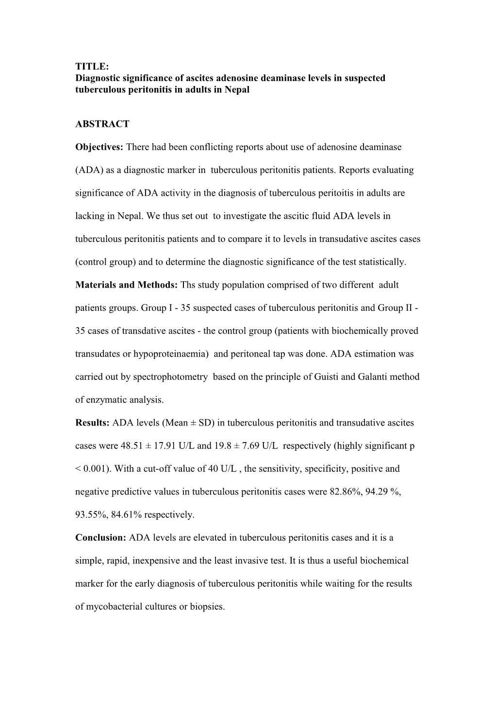 Diagnostic Significance of Ascites Adenosine Deaminase Levels in Suspected Tuberculous