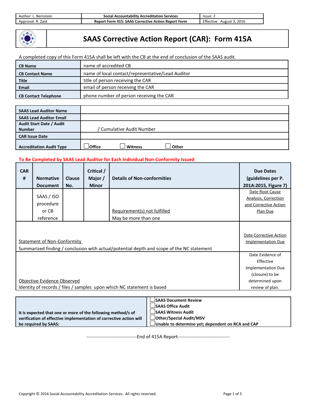 To Be Completed by SAAS Lead Auditor for Each Individual Non-Conformity Issued