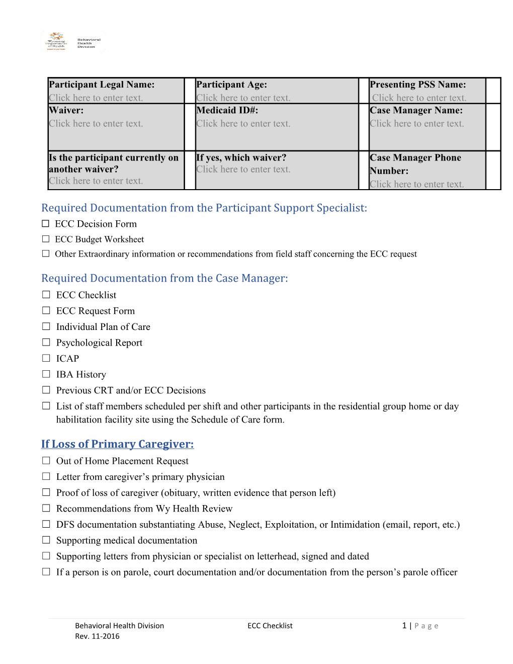 Required Documentation from the Participant Support Specialist