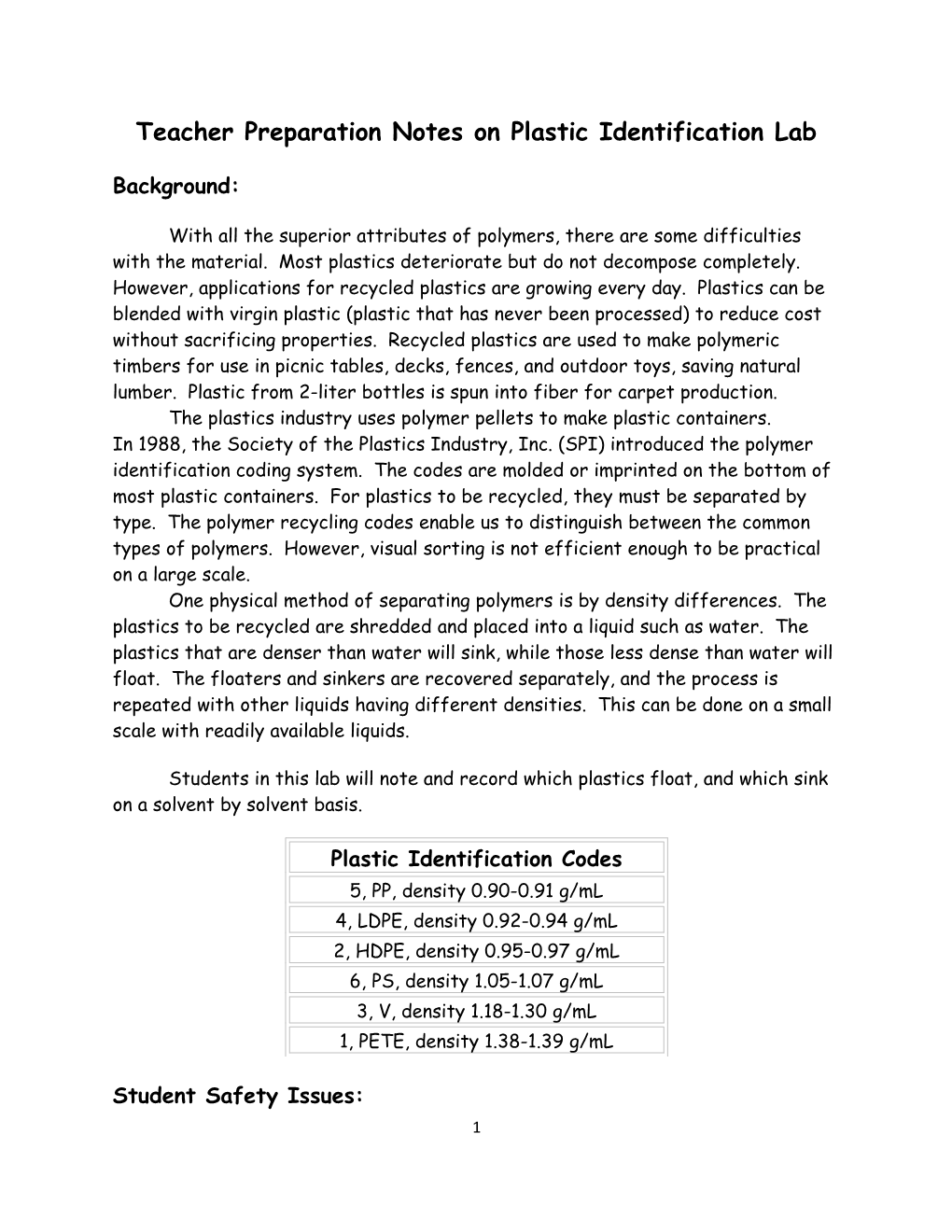 Teacher Preparation Notes on Plastic Identification Lab