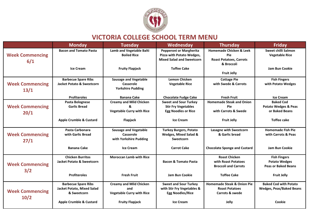 Victoria College School Term Menu