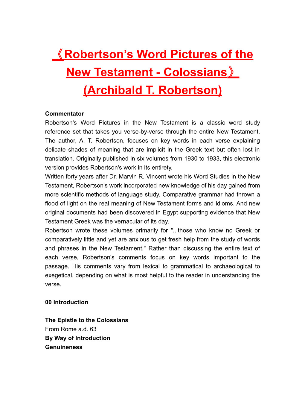 Robertson Sword Pictures of the New Testament-Colossians (Archibald T. Robertson)