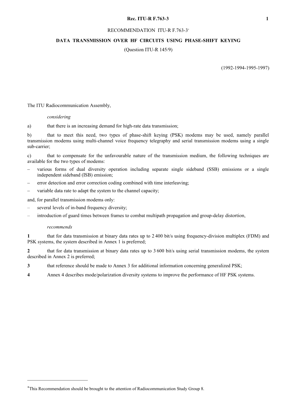 F.763-3 - Data Transmission Over HF Circuits Using Phase-Shift Keying