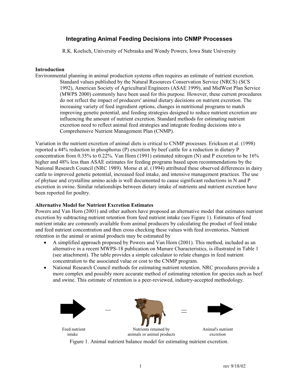 Model for Estimating Manure Nutrient Excretion from Animal Nutrient Balance