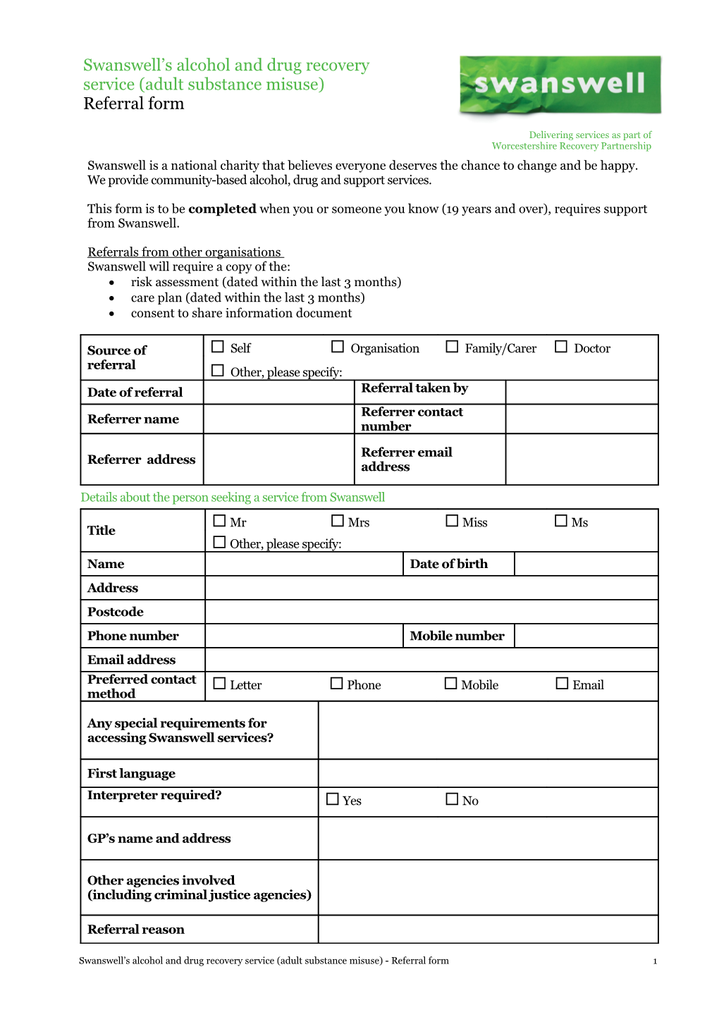Swanswell S Integrated Substance Misuse Service - Referral Form