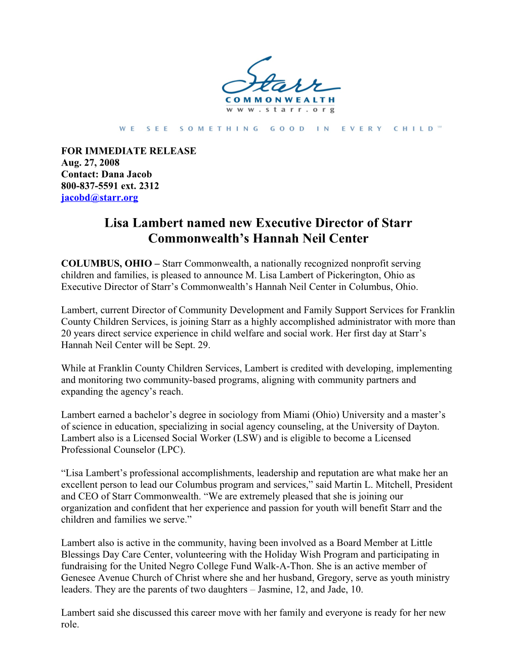 Lisa Lambert Named New Executive Director of Starrcommonwealth S Hannahneilcenter