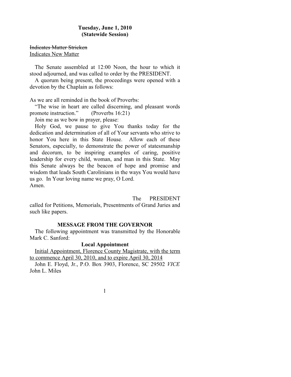 Senate Journal for June 1, 2010 - South Carolina Legislature Online