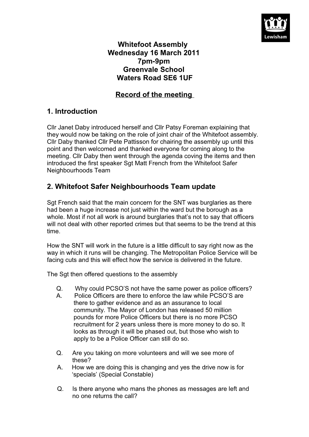 2. Whitefoot Safer Neighbourhoods Team Update