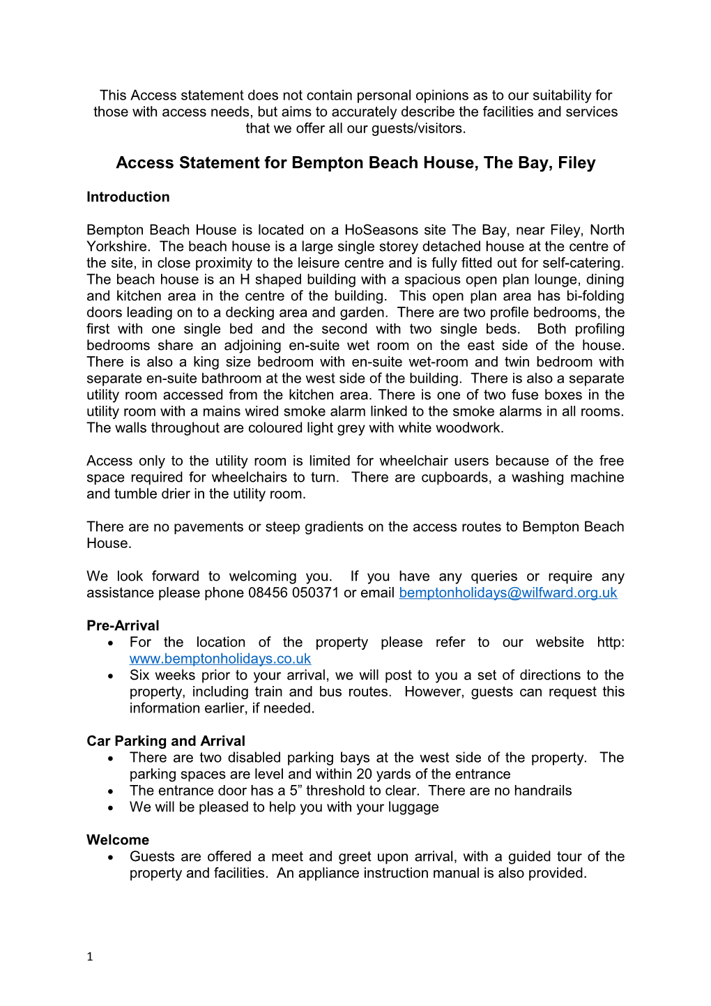 Access Statement for Bemptonbeach House,The Bay,Filey