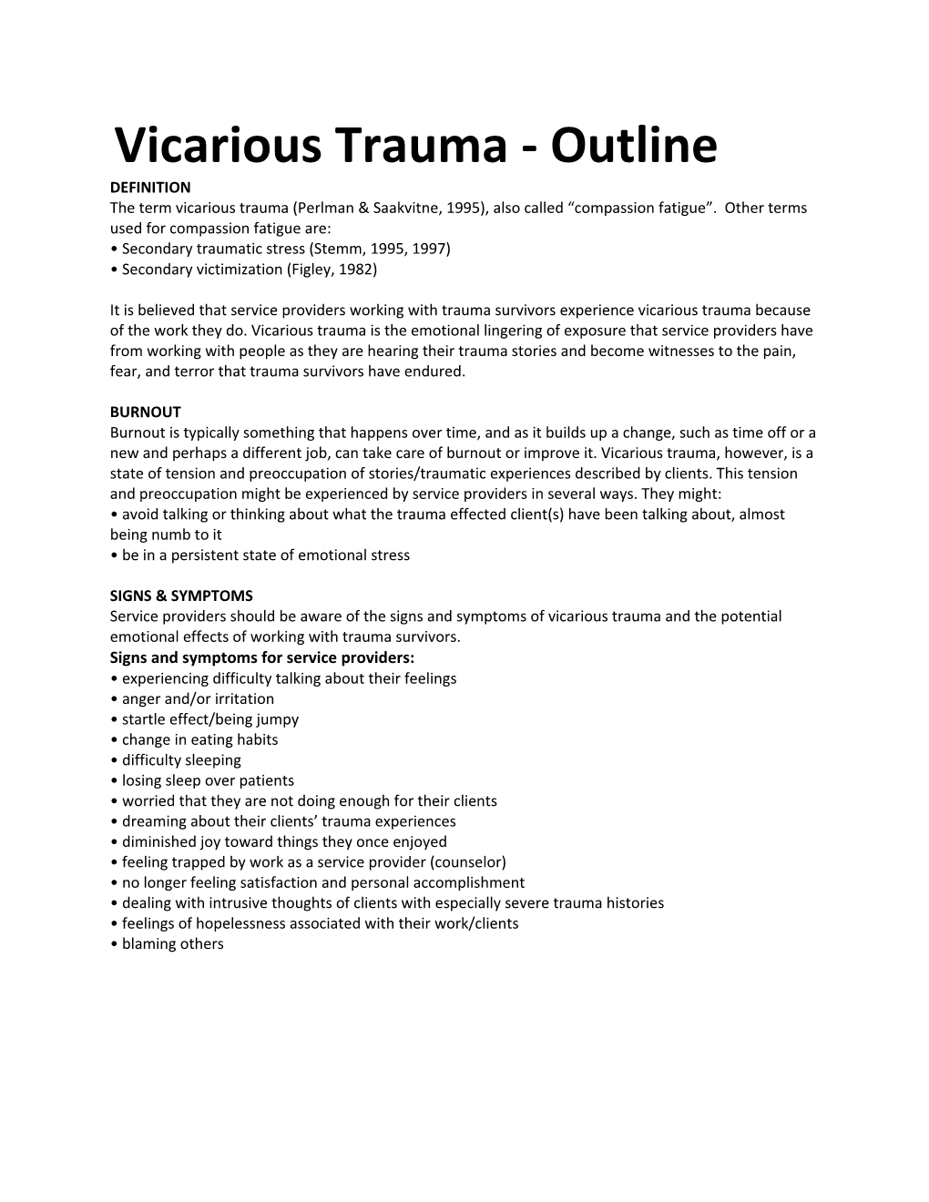 Secondary Traumatic Stress (Stemm, 1995, 1997)