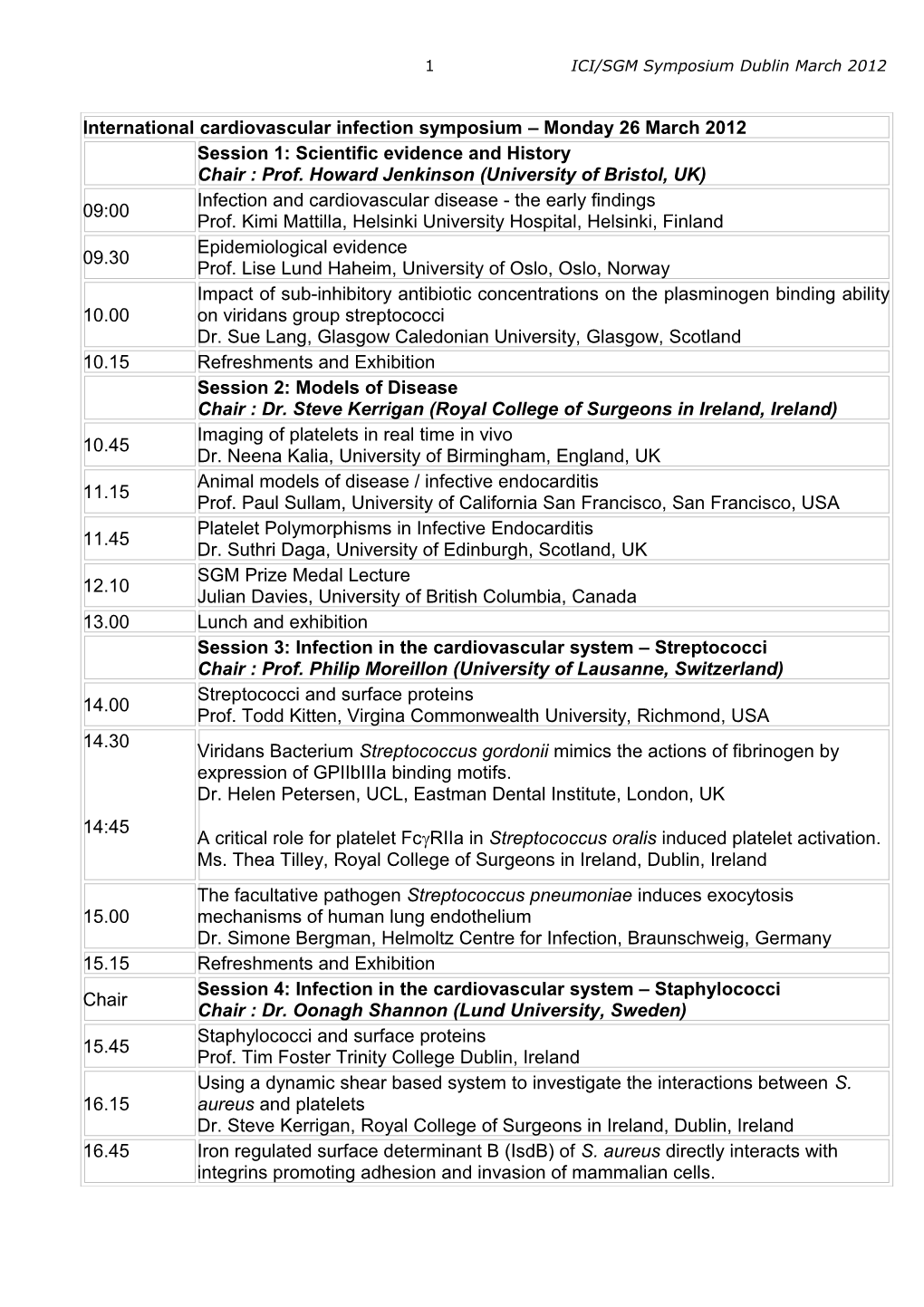 International Cardiovascular Infection Symposium Monday 26 March