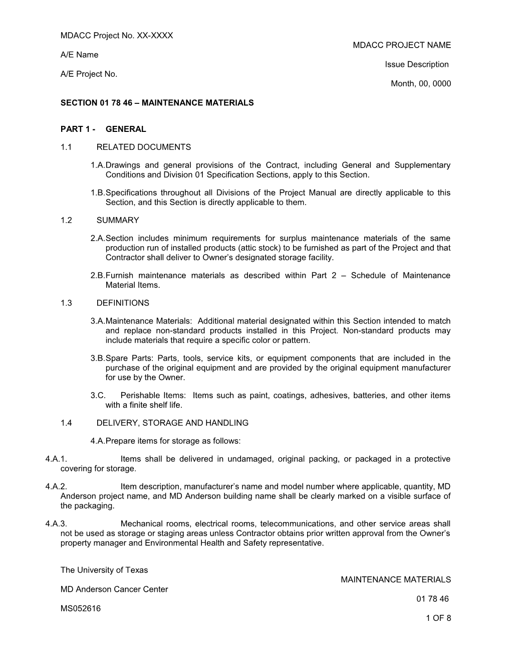 SECTION 01 7846 Maintenance Materials