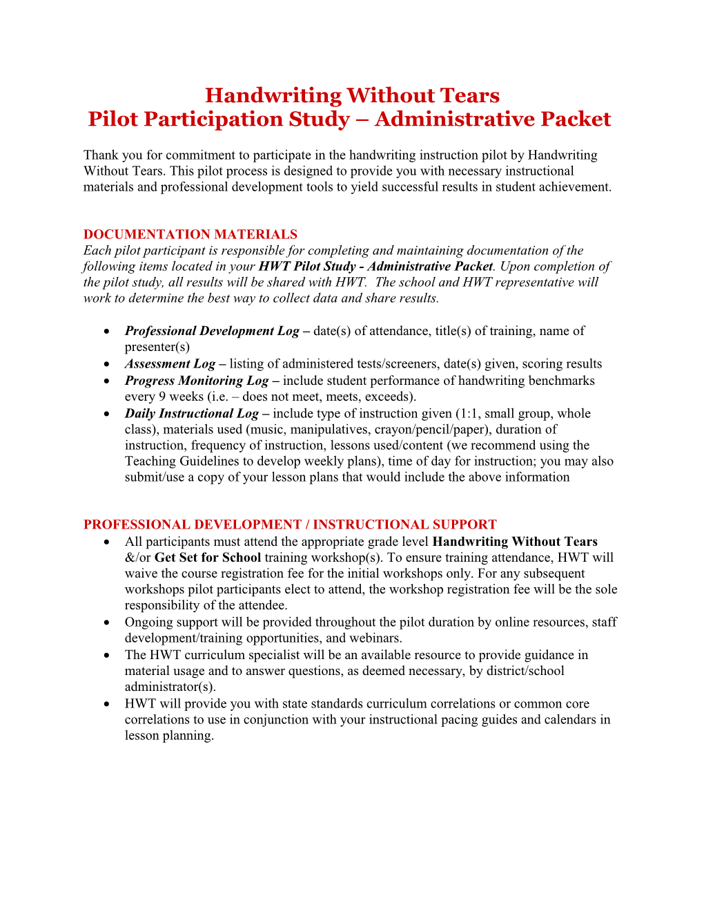 Pilot Participation Study Administrative Packet
