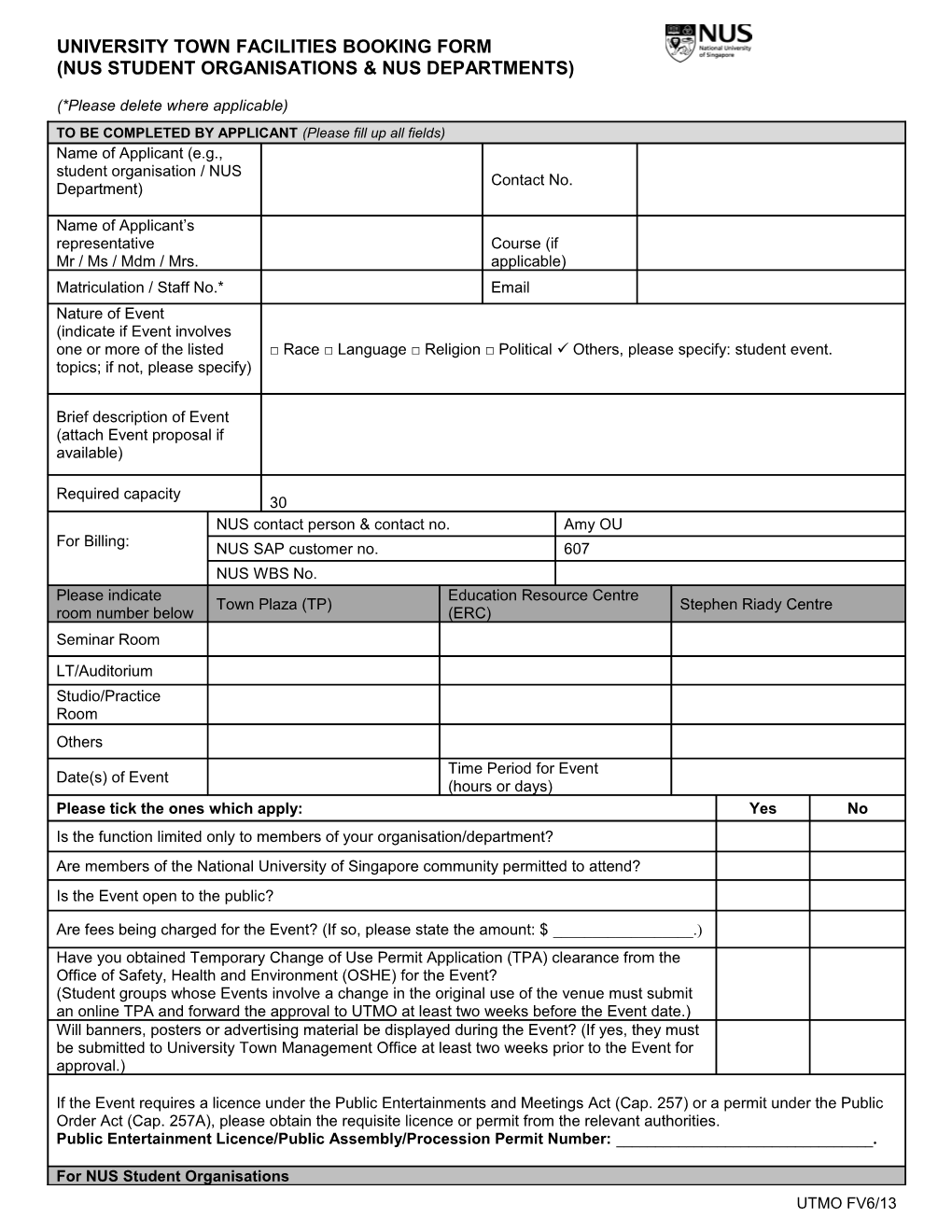 University Town Facilities Booking Form