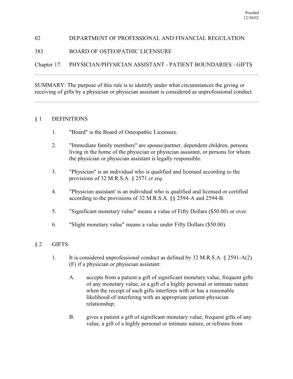02 Department of Professional and Financial Regulation 383 Board of Osteopathic Licensure