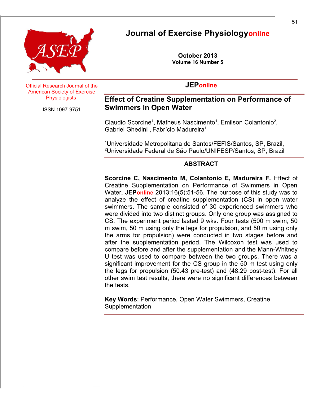 Effect of Creatine Supplementation on Performance of Swimmers in Open Water