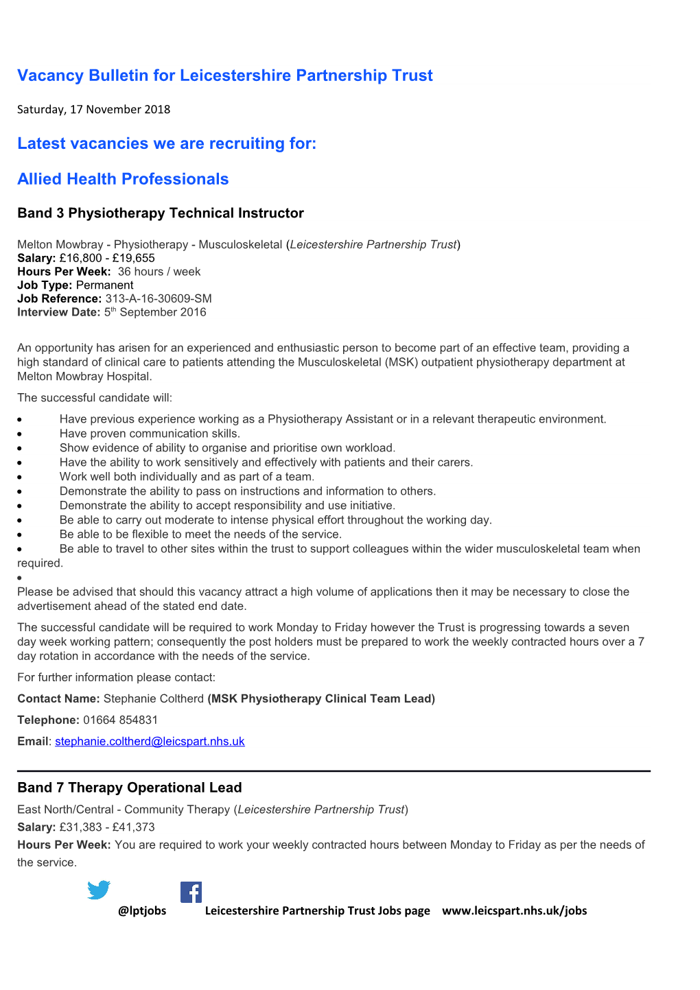 Vacancy Bulletin for Leicestershire Partnership Trust