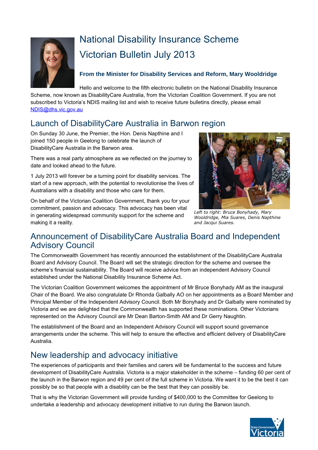 National Disability Insurance Scheme Victorian E-Bulletin, March 2013