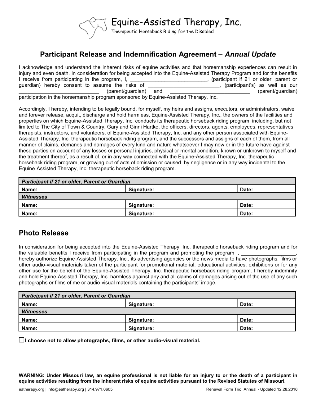 Participant Release and Indemnification Agreement Annual Update