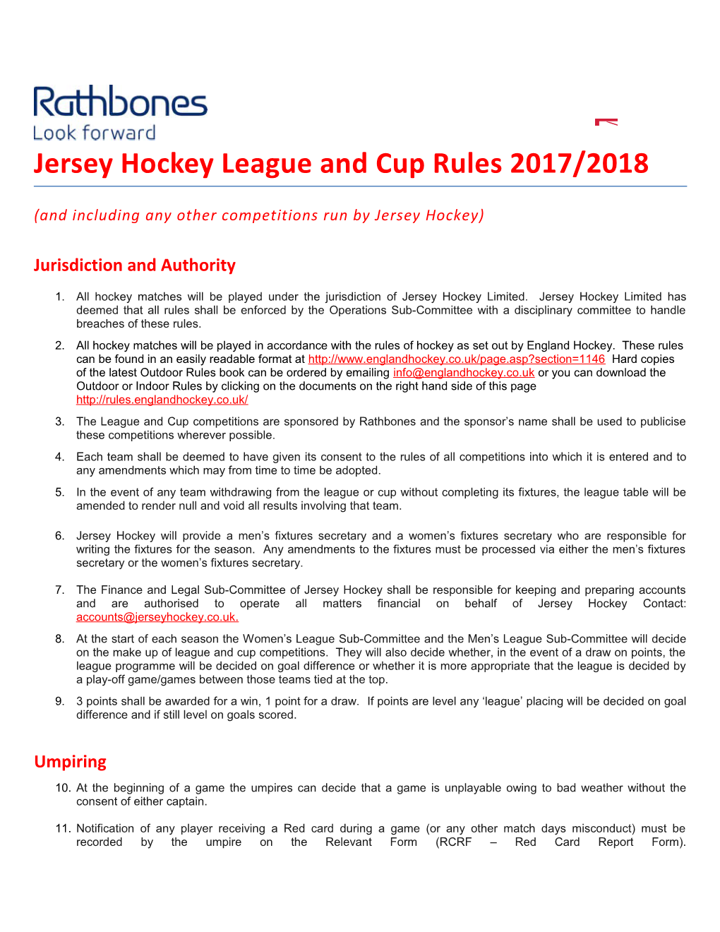 Jersey Hockey League and Cup Rules 2017/2018