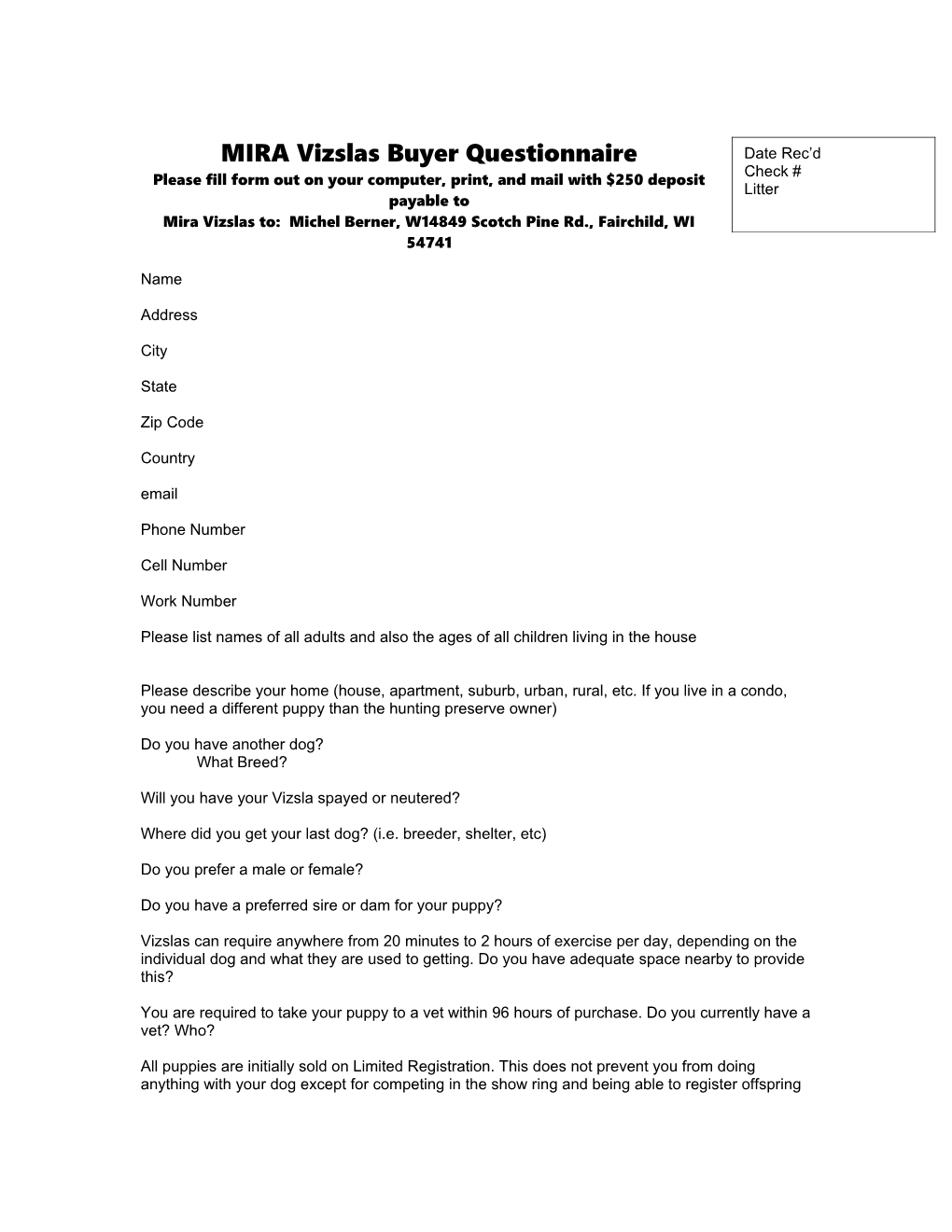 MIRA Vizslas Buyer Questionnaire