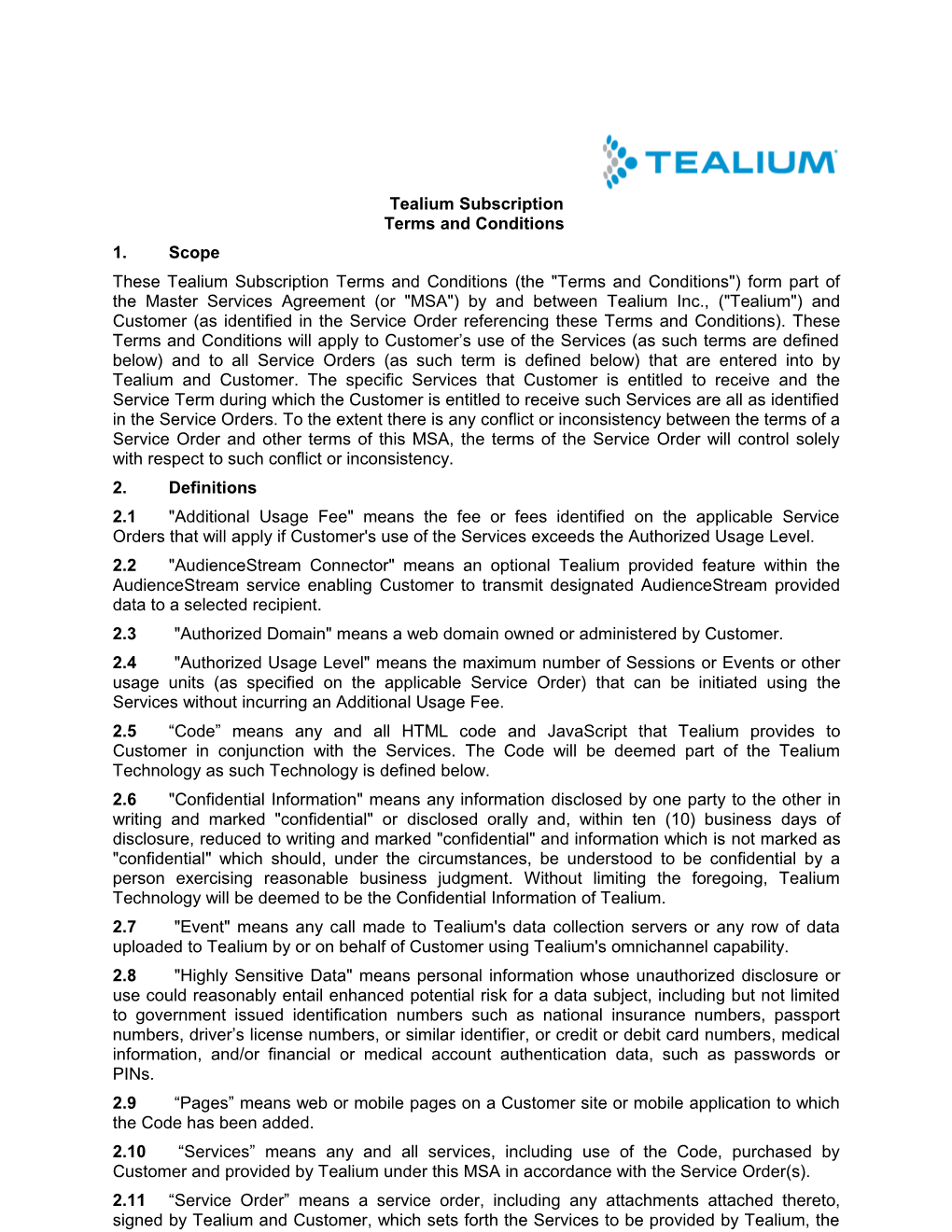 Tealium Master Services Agreement