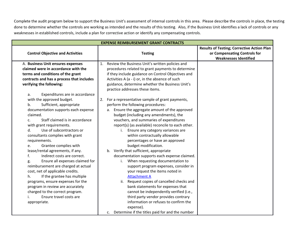 Complete the Audit Program Below to Support the Business Unit S Assessment of Internal