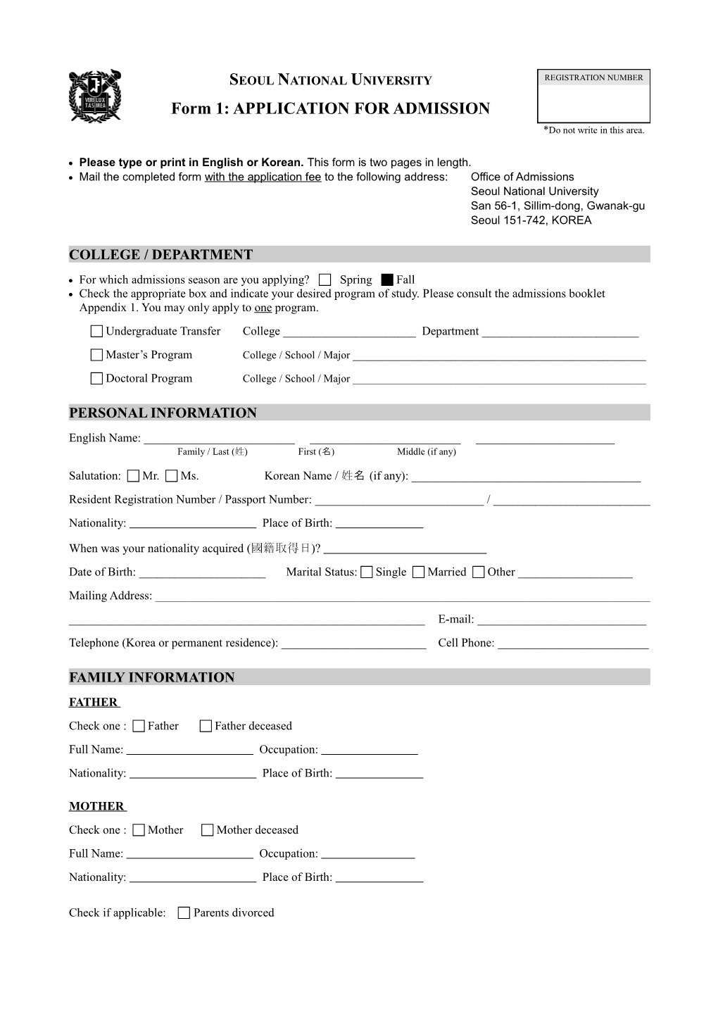 Form 1:Application for Admission