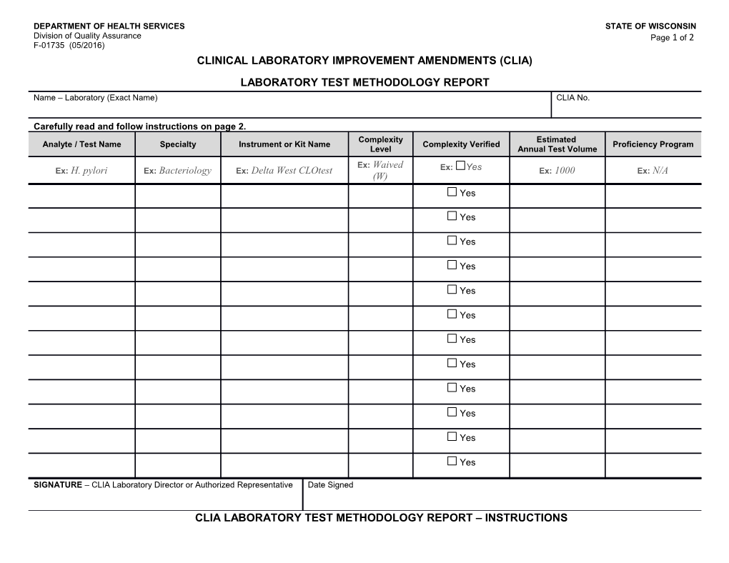 CLIA Laboratory Test Methodology Report, F