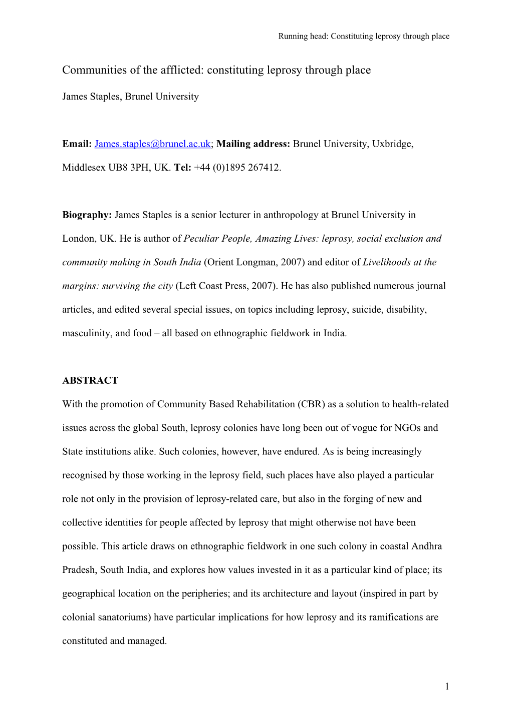 Communities of the Afflicted: Constituting Leprosy Through Place