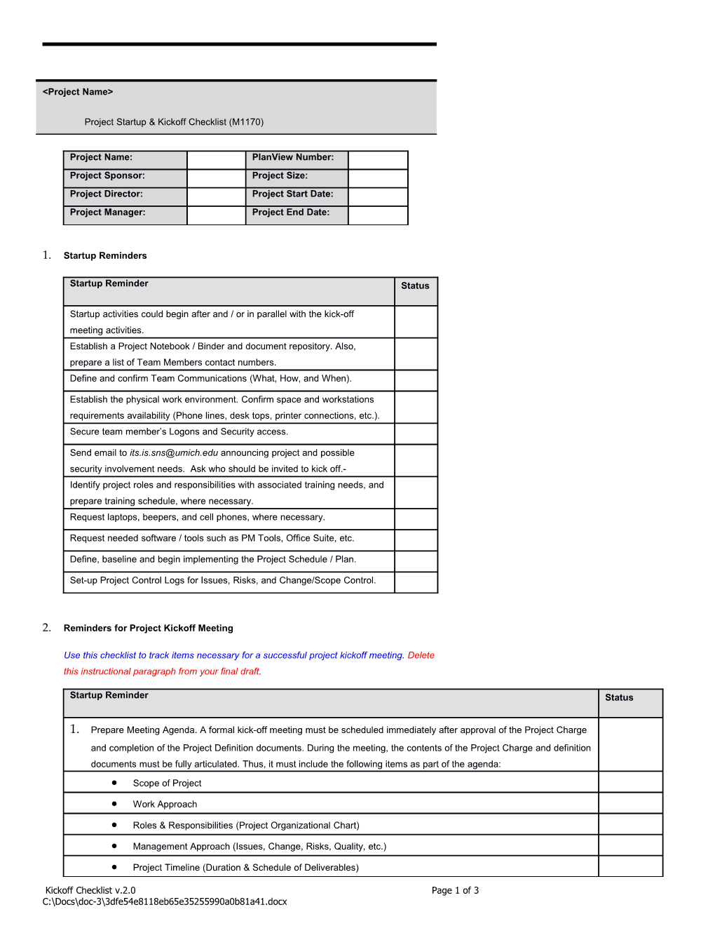 M1170 Project Startup & Kickoff Checklist V.2.0