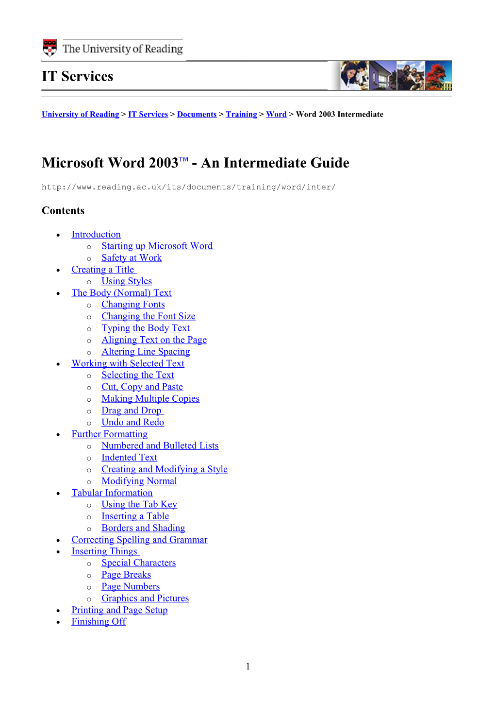 University of Readingit Servicesdocumentstrainingword &gt; Word 2003 Intermediate