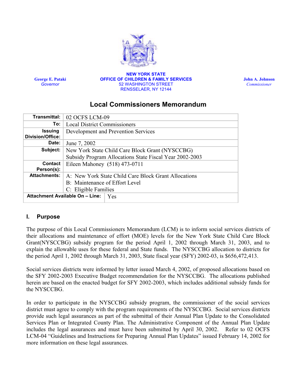 02 OCFS LCM-09 NYS Child Care Block Grant (NYSCCBG) Subsidy Program Allocations State Fiscal