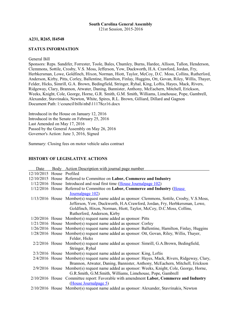 2015-2016 Bill 4548: Closing Fees on Motor Vehicle Sales Contract - South Carolina Legislature