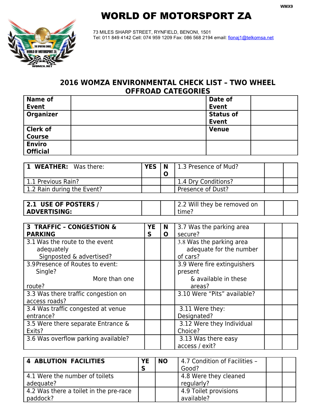 Motorsport Sa Environmental Check List All Categories