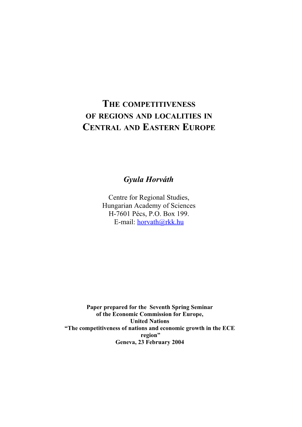 The Competitiveness of Regions and Localities In