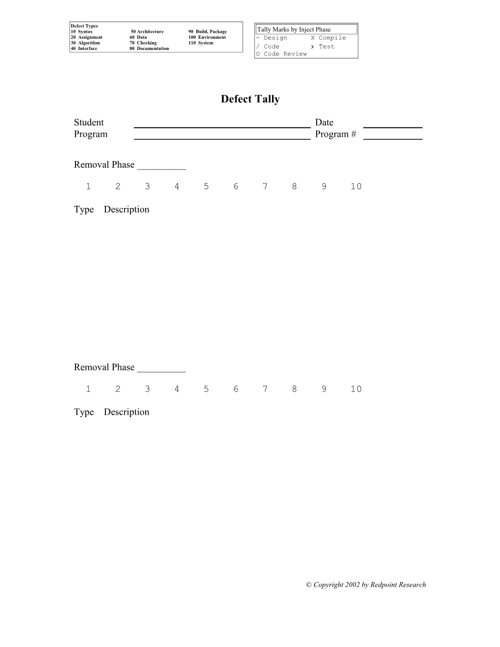 Defect Tally Form
